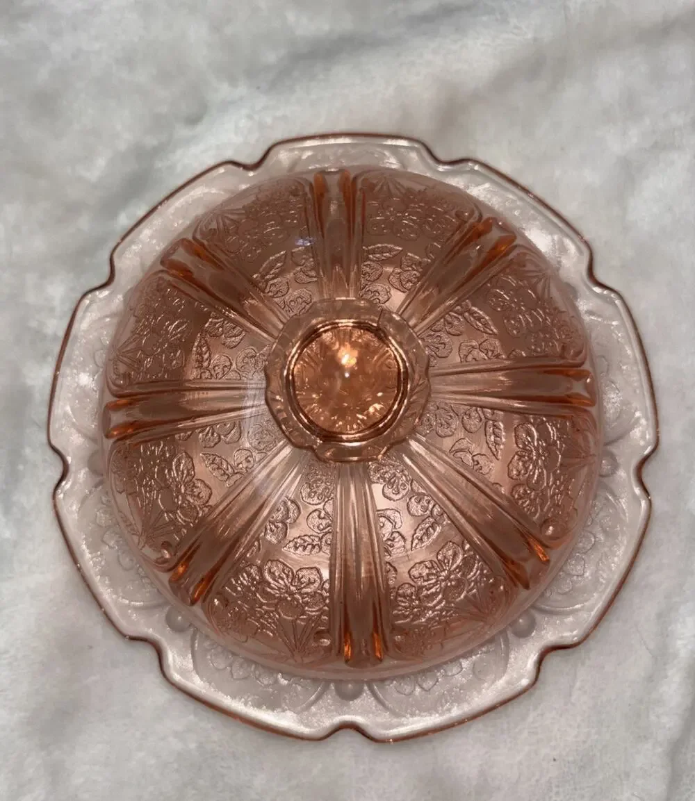 1930’s Vintage Jeanette Pink Depression Glass Cherry Blossom Covered Butter Dish
